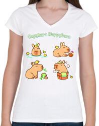 printfashion Capybara Happybara - Női V-nyakú póló - Fehér (13600797)