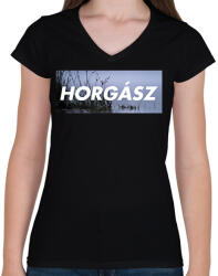 printfashion Horgász logó - Női V-nyakú póló - Fekete (1619670)