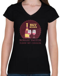printfashion Bízz bennem - Borász vagyok - Női V-nyakú póló - Fekete (7301435)