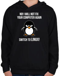 printfashion Nem javitom meg ujra, valts linuxra - Gyerek kapucnis pulóver - Fekete (3558089)
