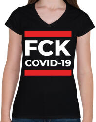printfashion FCK COVID - Női V-nyakú póló - Fekete (3260442)
