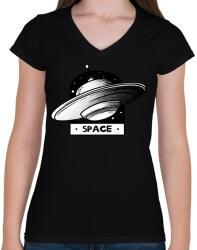 printfashion UFO SPACE - Női V-nyakú póló - Fekete (3679209)