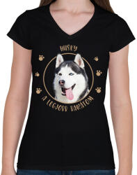 printfashion Husky - Legjobb barát - Női V-nyakú póló - Fekete (7175831)