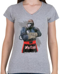 printfashion Gorilla thai box - Női V-nyakú póló - Sport szürke (114708)