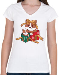 printfashion Karácsonyi corgik - Női V-nyakú póló - Fehér (10143617)