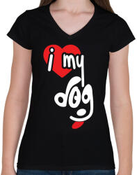 printfashion I love my dog - Női V-nyakú póló - Fekete (3144050)