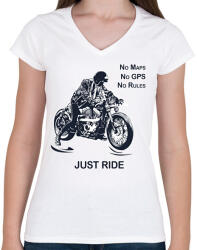 printfashion No maps, no gps, no rules, just RIDE - Női V-nyakú póló - Fehér (6367388)