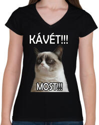 printfashion Kávét követelek! - Női V-nyakú póló - Fekete (4776045)