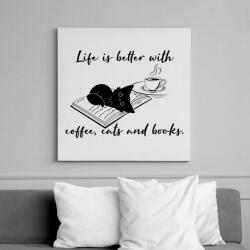 printfashion Coffee, cats and books - Vászonkép - Fehér (6634916)