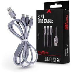 Maxlife 3 in 1 10W Lightning/microUSB/Type-C USB Cable töltő- és adatkábel 1m - ezüst