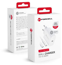 Forcell F-Energy TFK-TC-25WPD USB-C + USB-C-USB-C töltő adapter kábellel, PD, Q. C, 3A, 25W, fehér