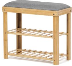  Cipőtartós ülőke, 2 polc, tömör bambusz, natúr árnyalat, szürke szövet (DR-N1010 GREY2)