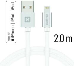 SWISSTEN - adat- és töltőkábel textil bevonattal, USB/lightning MFI, 2 m ezüst/fehér (71524303)