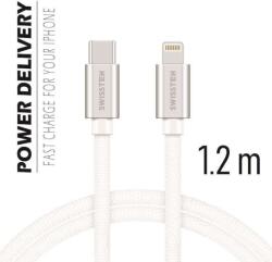 SWISSTEN adat- és töltőkábel textil bevonattal, USB-C/lightning, 1, 2 m ezüst/fehér (71525203)