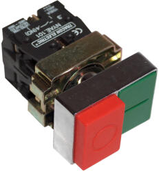 TRACON Tokozott kettős BE-KI nyomógomb, fémalap, zöld+piros kiálló 1×NC+1×NO, 3A/400V AC, IP44 (NYKK8425T)