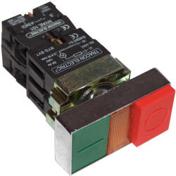 TRACON Kettős BE-KI nyomógomb, fémalap, zöld+piros jelzőfény kiálló 1×NC+1×NO, 3A/400V AC, IP42 (NYKK8465)