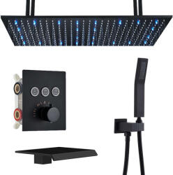 Zuhanycsap készlet, Blackswan, M163 típus, matt fekete modell, 3 utas, termosztát, LED világítás, vízesés csap és mennyezetre szerelhető, 80 cm-es méret (UCBA844)