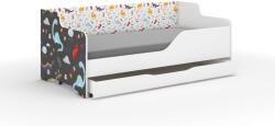  Pătuț pentru copii LILU cu front și lateral laminat, 160x80cm, cu saltea și spațiu de depozitare pentru lenjerie de pat - dinozauri colorați