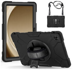 Samsung Tab A9 Plus (11.0) SM-X210 / X215 / X216B, Műanyag hátlap védőtok, szilikon belső, kitámasztóval, kézpánt, vállpánt, Defender, fekete