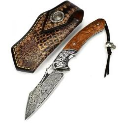 HARAHU HA-31680 damaszk outdoor összecsukható kés - Barna KP31680