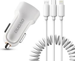 Dudao autós töltő 2x USB 2.4A + USB kábel 3in1 Lightning / Type C / micro USB kábel (R7)-Fehér