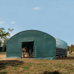 TOOLPORT Takarmánytároló sátor, 8x8m, PVC ponyva, sötét zöld, rögzítés puha talajhoz Takarmánytároló sátor, Mobil istálló, Szénatároló sátor - (330622)