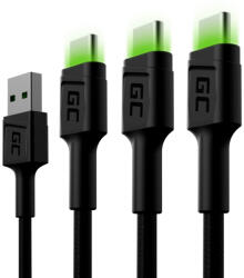 Szett, 3x GC Ray USB-C 200 cm-es USB kábel zöld LED háttérvilágítással, Ultra Charge, QC 3.0 gyorstöltéssel KABGCSET03 (KABGCSET03)