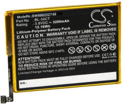 VHBW Mobiltelefon akkumulátor a Tecno BL-34CT-hez - 3200 mAh 3, 8 V Li-polimer - Okostelefon akkumulátor (888202748)