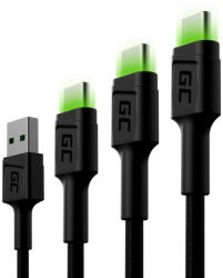 Szett, 3x GC Ray USB-C 30cm, 120cm, 200cm USB kábel zöld LED háttérvilágítással, Ultra Charge, QC 3.0 gyorstöltéssel KABGCSET01 (KABGCSET01)