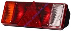 WAS W09d tipuscsalád. 110. 12V, -os 5 kamrás izzós hátsó lámpa, 2db LED, -es helyzetjelzővel, háromszög alaku prizmával kombinálva. BAL oldal, rendszám megvil. lehetőséggel. Méretei: 387x137x81mm. Vízáll: