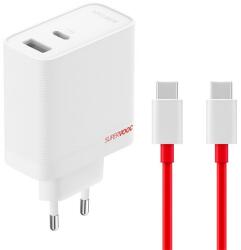 OnePlus SUPERVOOC hálózati töltő USB+Type-C aljzat (80W, PD gyorstöltő, GaN + Type-C kábel) FEHÉR 57983122844 (57983122844)