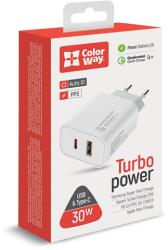 ColorWay USB-A / USB-C Hálózati Gyorstöltő Adapter - 30 W, Fehér