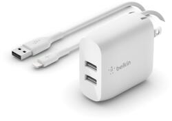 Belkin Boost Charge Dual USB-A Hálózati Töltő + USB-A Apa - Lightning Apa Töltőkábel - 24 W, Fehér (WCD001VF1MWH)