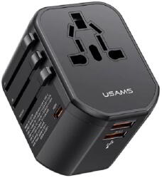 USAMS 2xUSB-A/USB-C T59 univerzális utazó Töltő - 20 W, Fekete