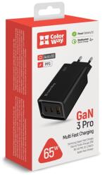 ColorWay USB-A / 2x USB-C Hálózati Gyorstöltő Adapter - 65 W, Fekete