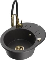 Mexen Kevin, 1 rekeszes gránit mosogató 586x458x190 mm és Aster mosogató csaptelep, fekete foltos, 6517-76-73450-57-G (6517-76-73450-57-G)