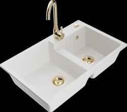 Mexen Tomas, gránit mosogató 800x500x190 mm, 2 kamrás és arany Telma csaptelep, fehér, 6516-20-670200-50 (6516-20-670200-50)