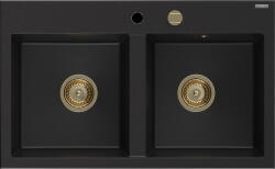 Mexen Hektor, 2 kamrás gránit mosogató 800x480x205 mm, fekete, arany szifon, - 6521802000-77-G (6521802000-77-G)