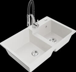Mexen Tomas, 2 kamrás gránit mosogató 800x500x190 mm és Aster mosogató csaptelep, fehér, 6516-20-73450-07 (6516-20-73450-07)