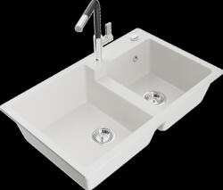 Mexen Tomas, 2 kamrás gránit mosogató 800x500x190 mm és Flora mosogató csaptelep, fehér, 6516-20-670401-07 (6516-20-670401-07)