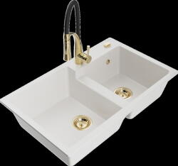Mexen Tomas, 2 kamrás gránit mosogató 800x500x190 mm és Aster mosogató csaptelep, fehér, 6516-20-73450-57-G (6516-20-73450-57-G)