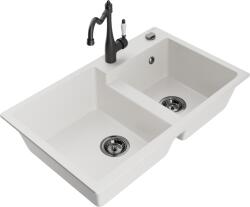 Mexen Tomas, gránit mosogató 800x500x190 mm, 2 kamrás és mosogató csaptelep Carla, fehér, 6516-20-670700-70 (6516-20-670700-70)