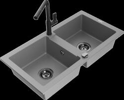 Mexen Mario, 2 kamrás gránit mosogató 820x436x161 mm és Flora mosogató csaptelep, szürke, 6504-71-670401-70-B (6504-71-670401-70-B)
