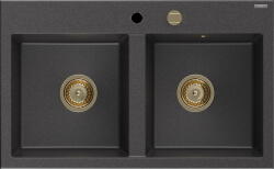 Mexen Hektor, 2 kamrás gránit mosogató 800x480x205 mm, fekete foltos, arany szifon, 6521802000-76-G (6521802000-76-G)