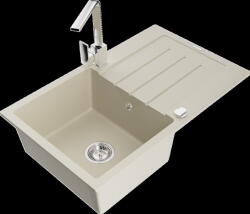 Mexen Bruno, gránit mosogató 795x495x200 mm, 1 kamrás, bézs króm szifonnal és króm Rita mosogató csaptelep, 6513-69-670300-00 (6513-69-670300-00)