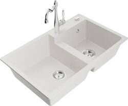 Mexen Tomas, gránit mosogató 800x500x190 mm, 2 kamrás és mosogató csaptelep Carla, fehér, 6516-20-670700-00 (6516-20-670700-00)