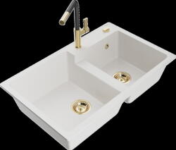 Mexen Tomas, 2 kamrás gránit mosogató 800x500x190 mm és Flora mosogató csaptelep, fehér, 6516-20-670401-57-G (6516-20-670401-57-G)