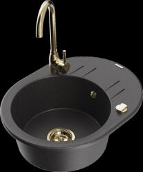 Mexen Kevin, gránit mosogató 586x458x190 mm, 1 kamrás és fekete matt foltos Telma csaptelep, fekete foltos, 6517-76-670200-50 (6517-76-670200-50)