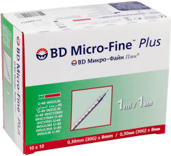 BD Micro-Fine Plus, seringă de insulină, 1 ml, U-40, cu ac 30G, 0, 3 x 8 mm, 100 bucăți