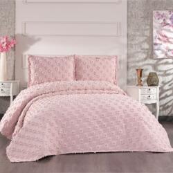 Capa Home® Set cuvertura catifelata pat dublu 3 piese, 240x260cm, Hayal roz pudra